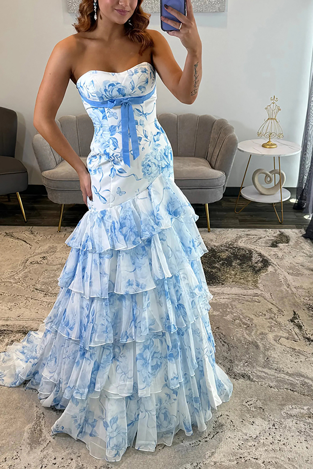 Blue Flower Sweetheart A Line Ruffled Long Prom Dress with Bow