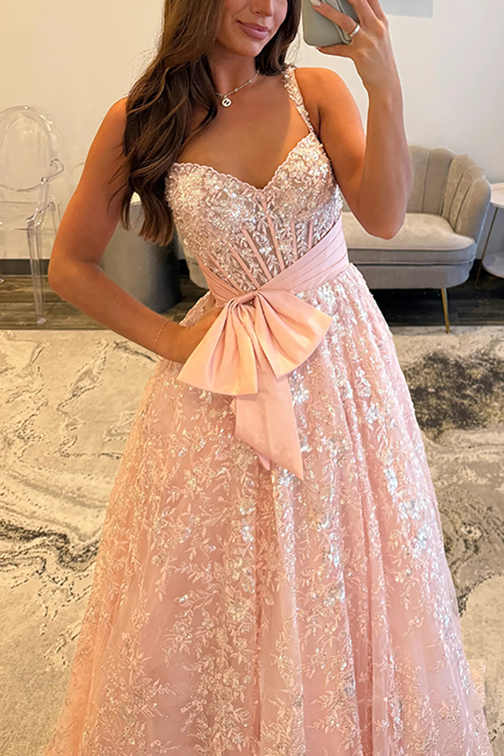 Sparkly Pink Corset A Line Lace Long Prom Dress with Bow