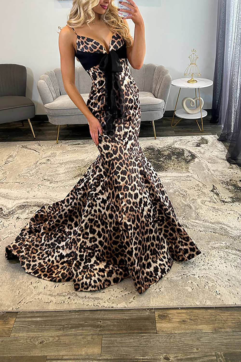 Brown Leopard Mermaid V-Neck Long Prom Dress with Bow