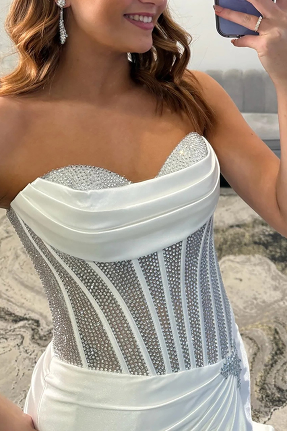 Sparkly Gold Satin Corset Mermaid Beaded Long Prom Dress with Slit