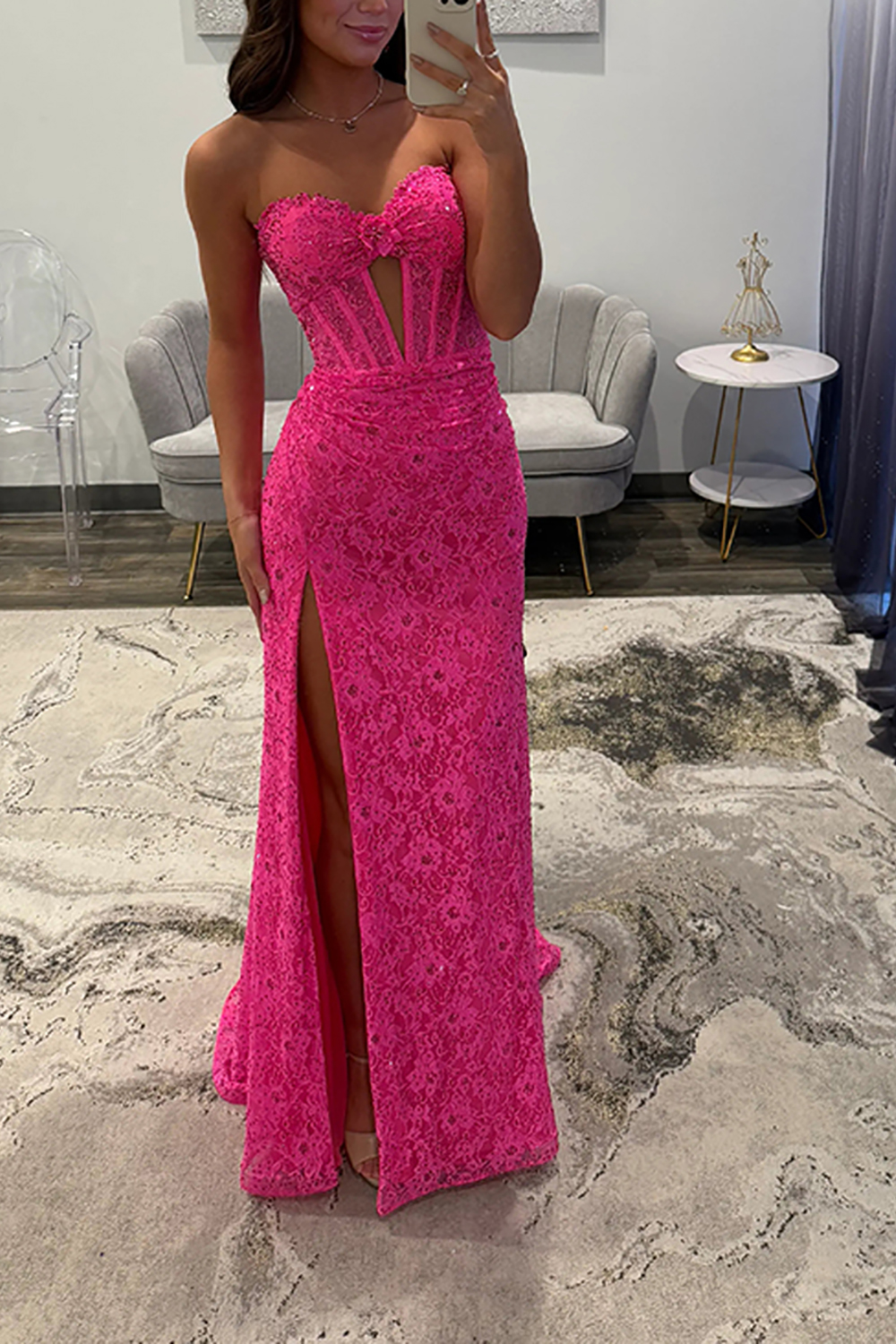 Sparkly Lace Fuchsia Mermaid Corset Keyhole Long Prom Dress with Slit