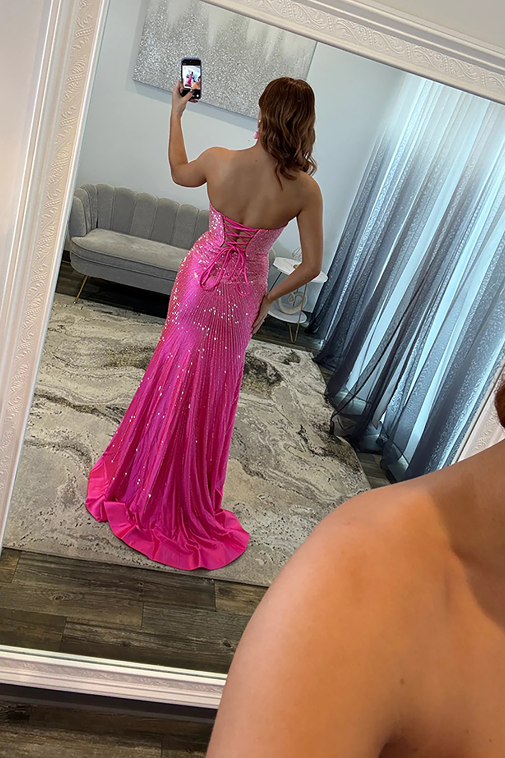 Sparkly Fuchsia Beaded Satin Mermaid Long Prom Dress with Slit