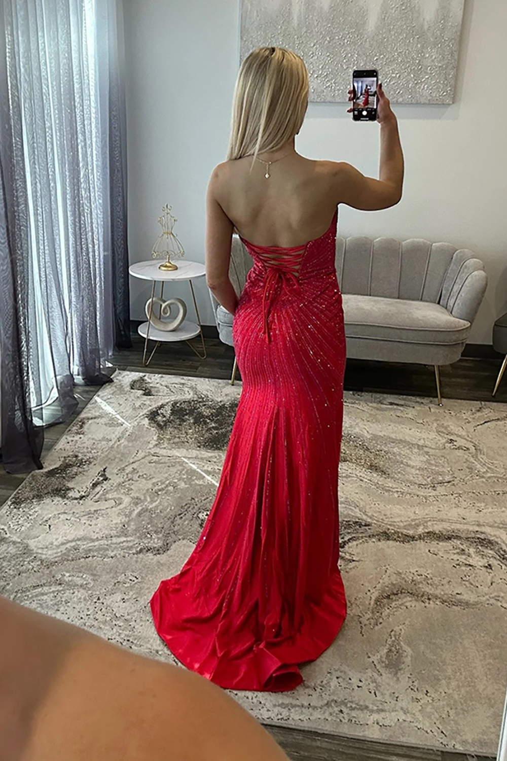 Sparkly Fuchsia Beaded Satin Mermaid Long Prom Dress with Slit