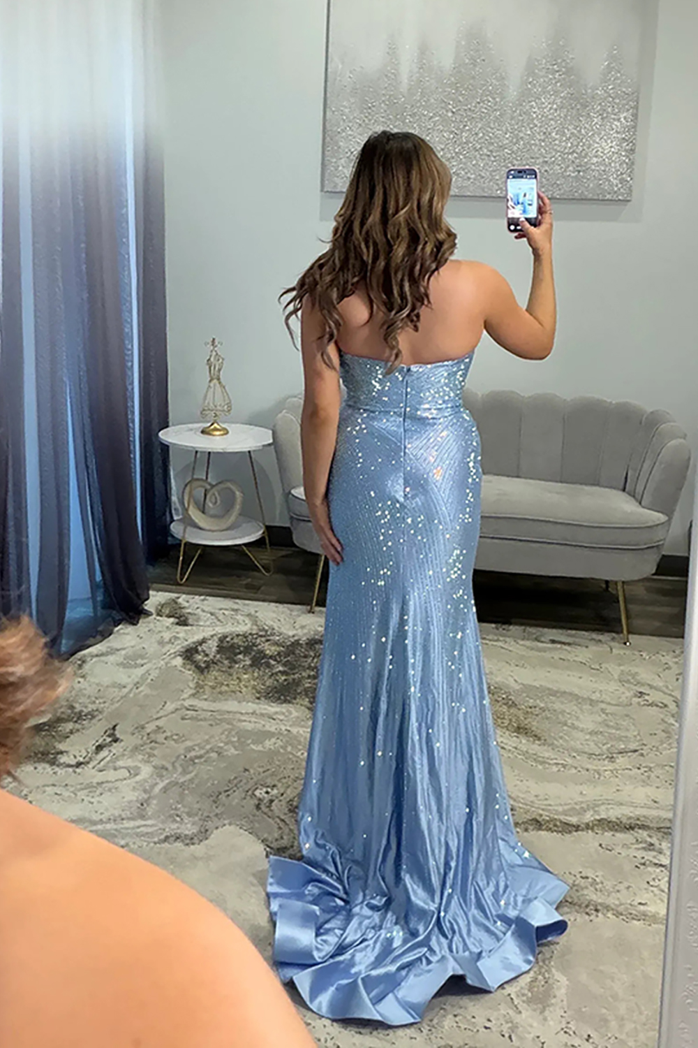 Sparkly Beaded Satin Silver Mermaid Strapless Long Prom Dress with Slit