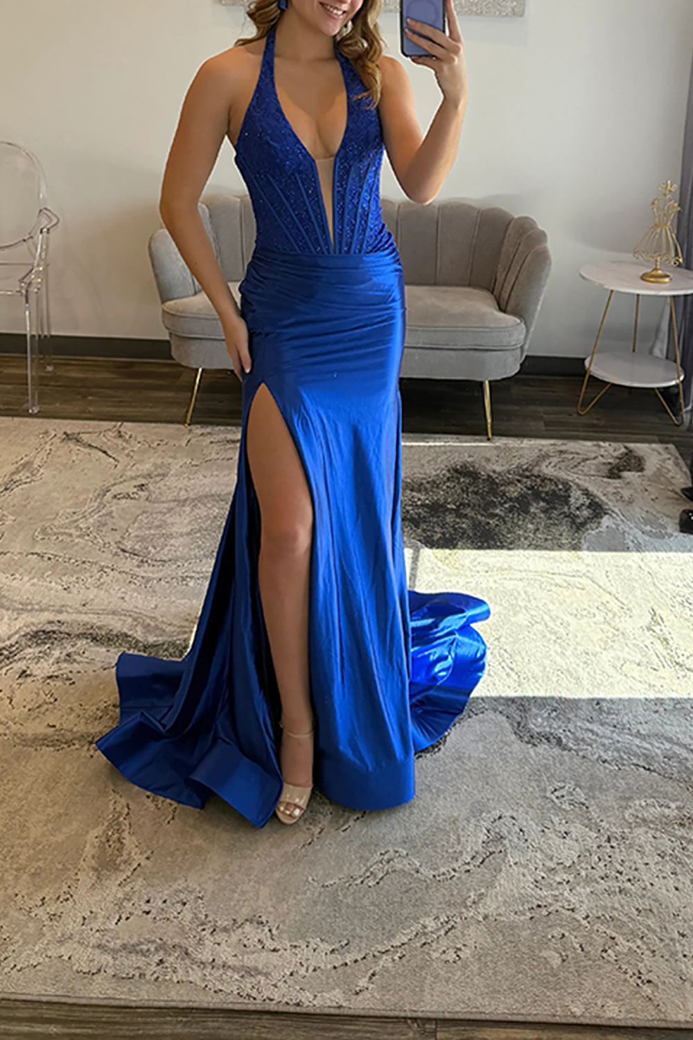 Sparkly Royal Blue Satin Mermaid Halter Corset Long Prom Dress with Slit
