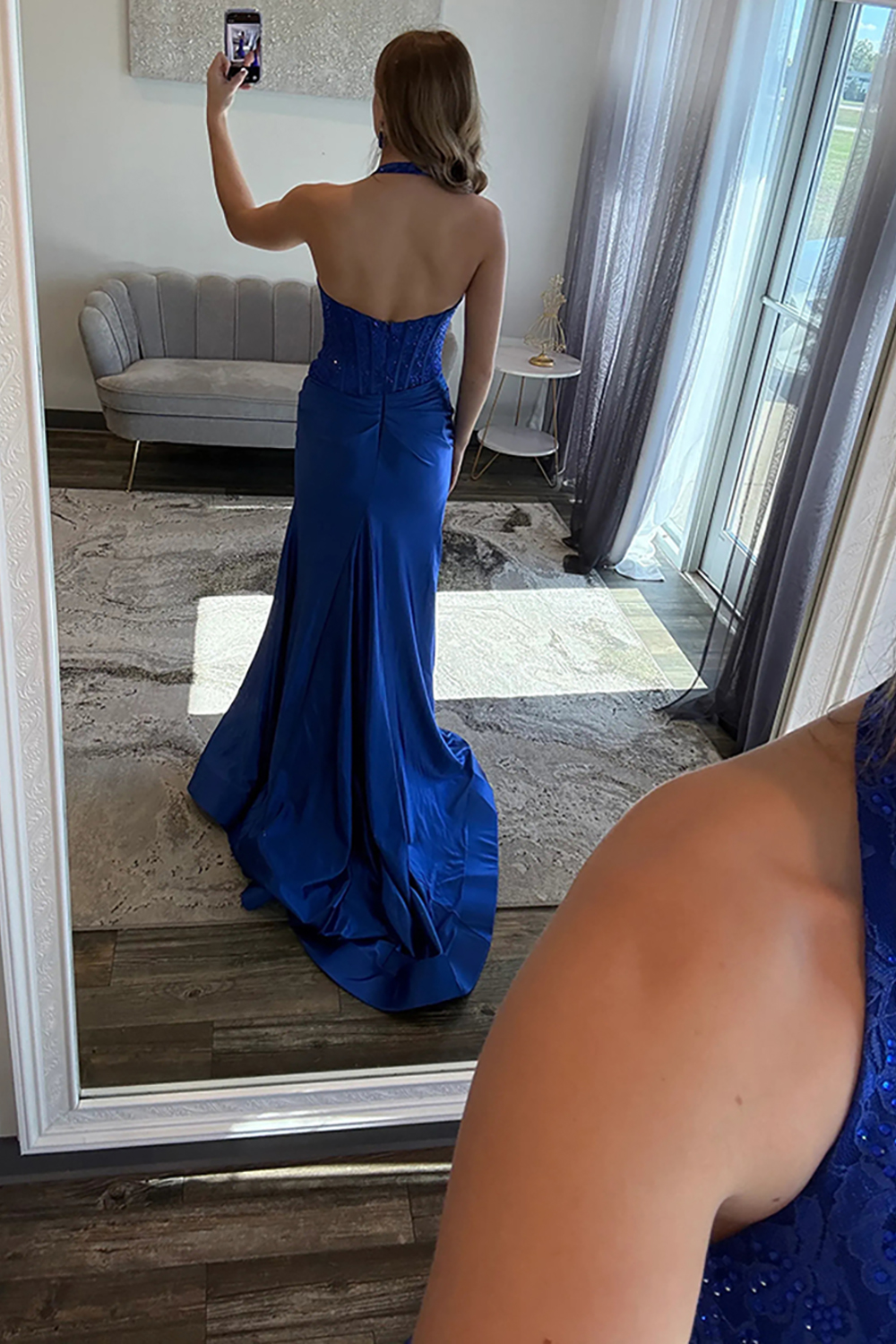 Sparkly Royal Blue Satin Mermaid Halter Corset Long Prom Dress with Slit