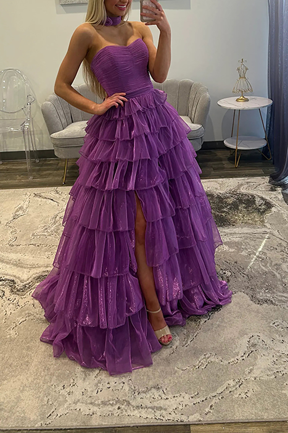 Glitter Purple Ball Gown Ruffled Pleated Long Prom Dress with Slit