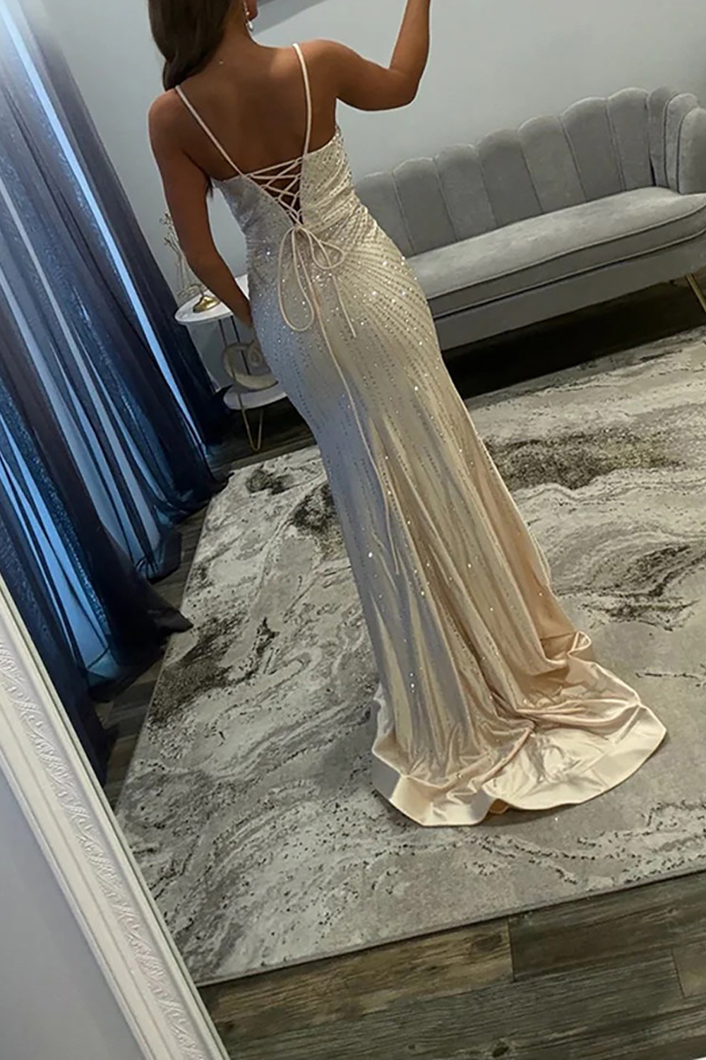 Sparkly Ivory Mermaid Beaded Satin Spaghetti Straps Long Prom Dress with Slit