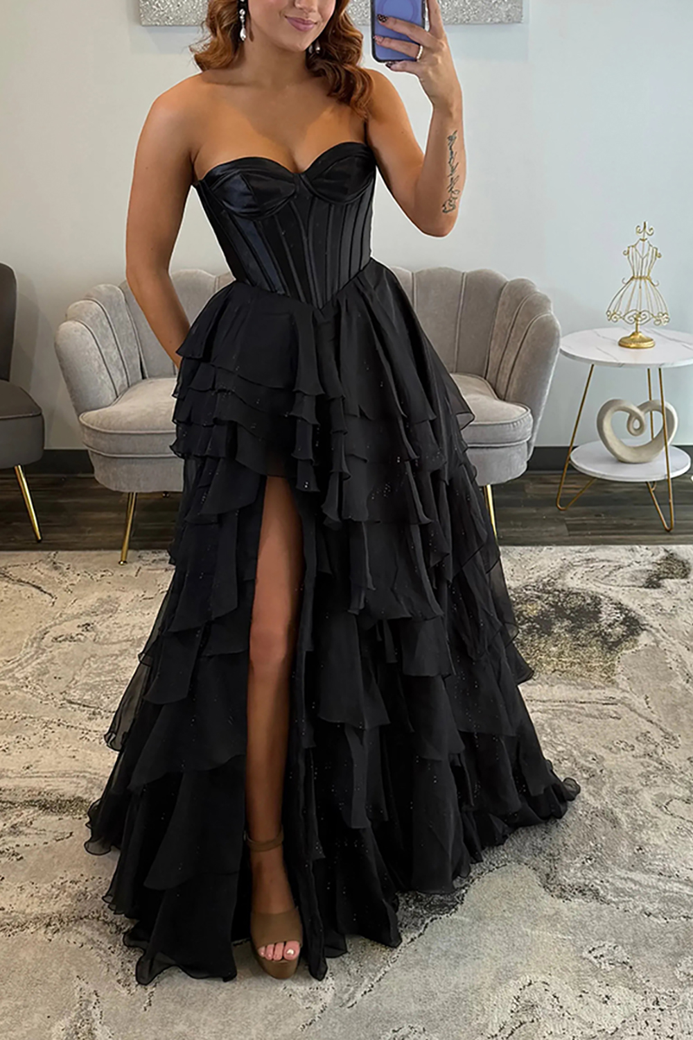 Black Sweetheart Corset Tiered Chiffon Long Prom Dress with Slit