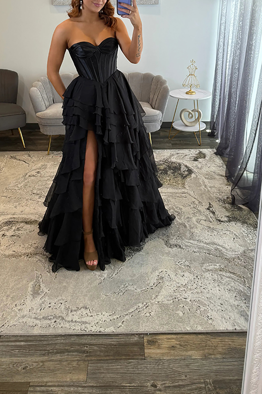 Black Sweetheart Corset Tiered Chiffon Long Prom Dress with Slit