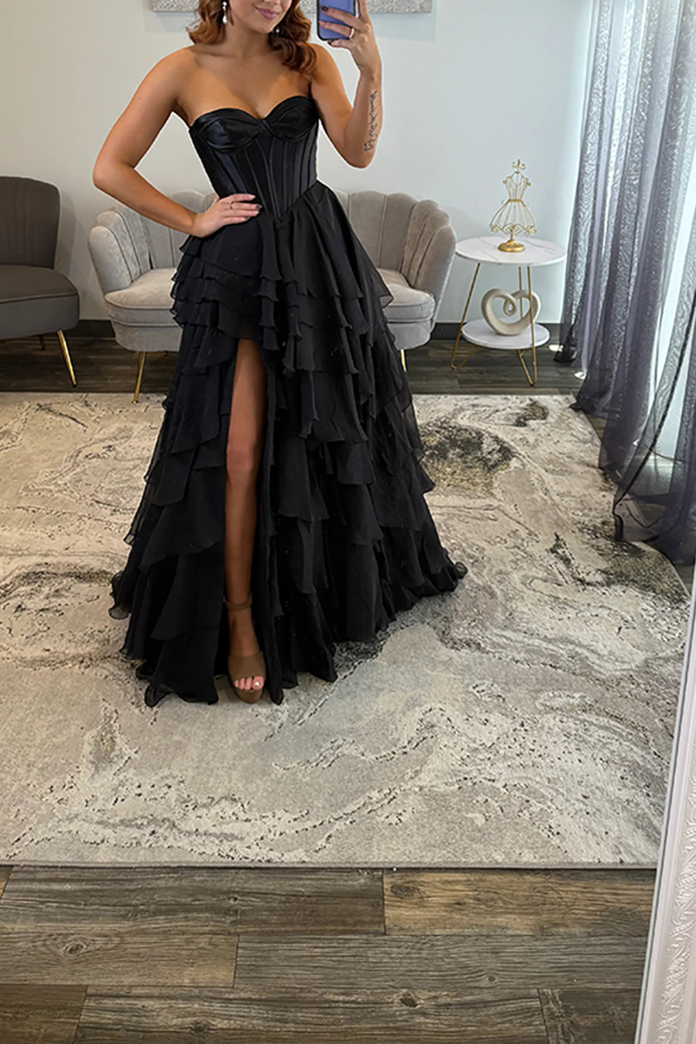 Black Sweetheart Corset Tiered Chiffon Long Prom Dress with Slit