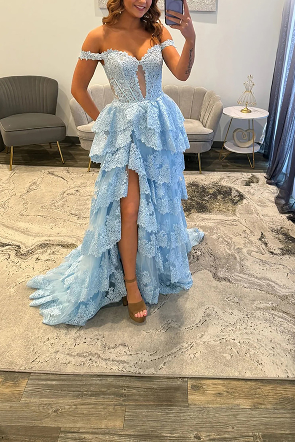 Sparkly Light Blue Lace Ruffled Corset Off the Shoulder Long Prom Dress with Slit