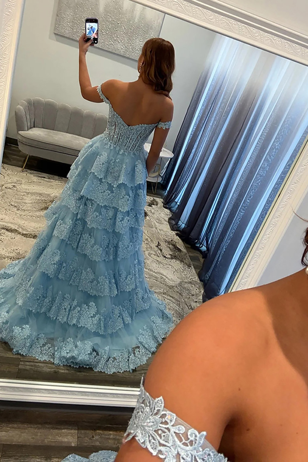Sparkly Light Blue Lace Ruffled Corset Off the Shoulder Long Prom Dress with Slit