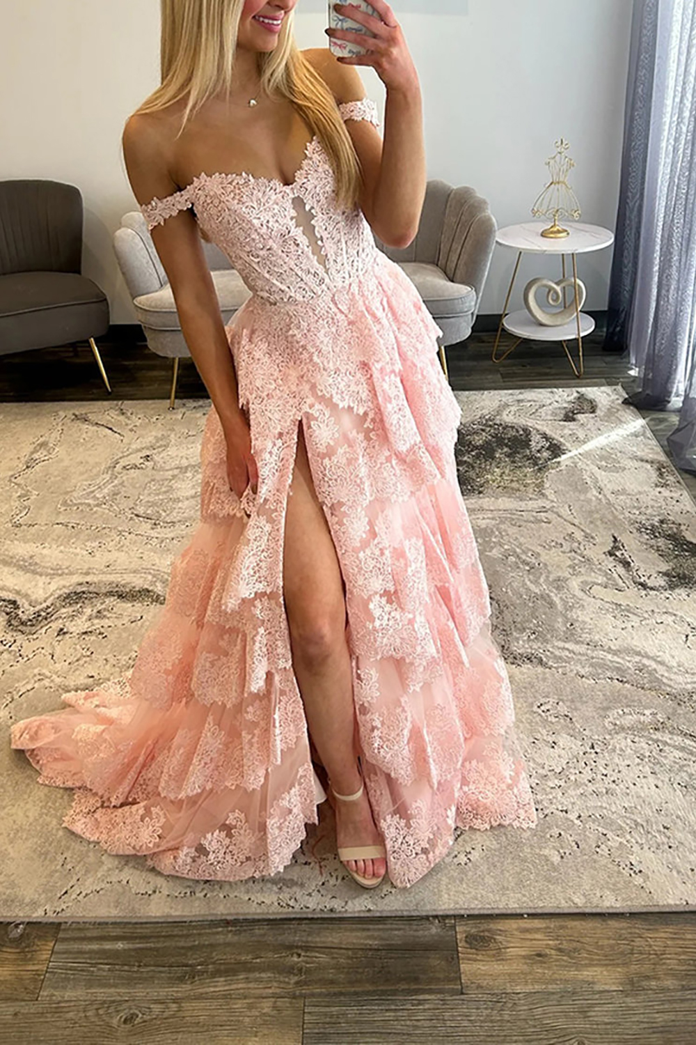 Sparkly Light Blue Lace Ruffled Corset Off the Shoulder Long Prom Dress with Slit