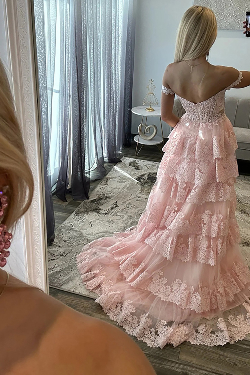 Sparkly Light Blue Lace Ruffled Corset Off the Shoulder Long Prom Dress with Slit