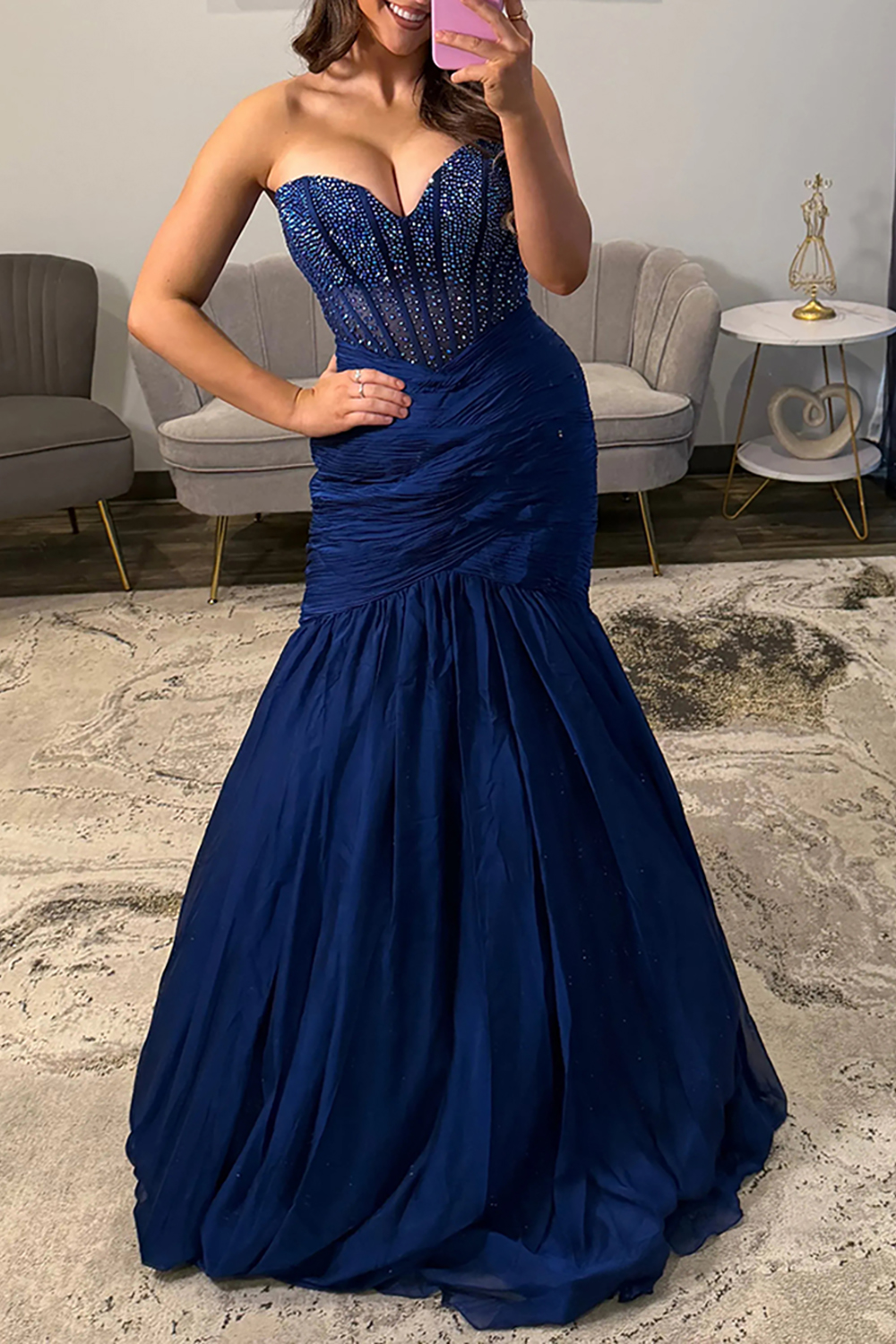 Sparkly Navy Corset Mermaid Sweetheart Beaded Long Prom Dress