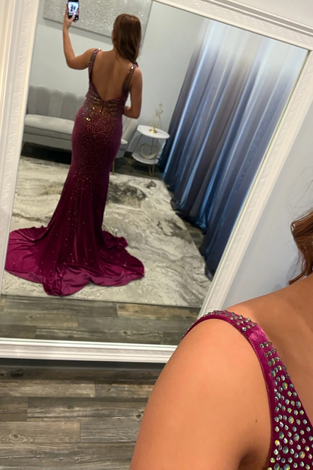 Sparkly Plum Beaded Mermaid V-Neck Backless Long Prom Dress