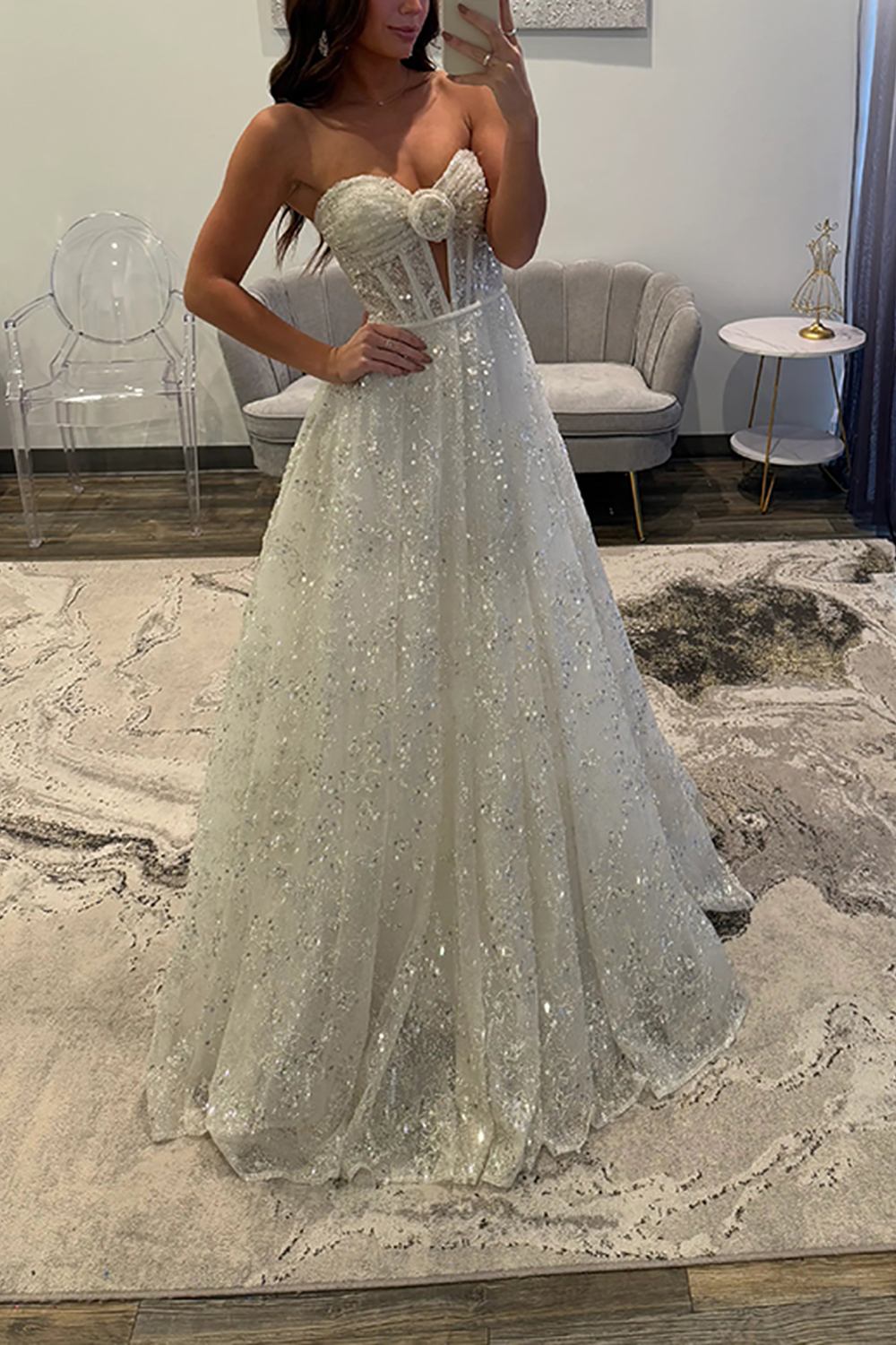 Sparkly White Sequins Sweetheart A Line Corset Long Prom Dress with 3D Flower