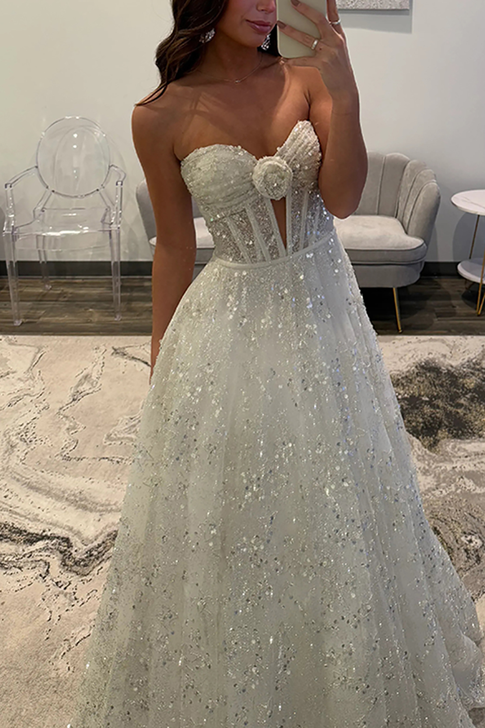 Sparkly White Sequins Sweetheart A Line Corset Long Prom Dress with 3D Flower