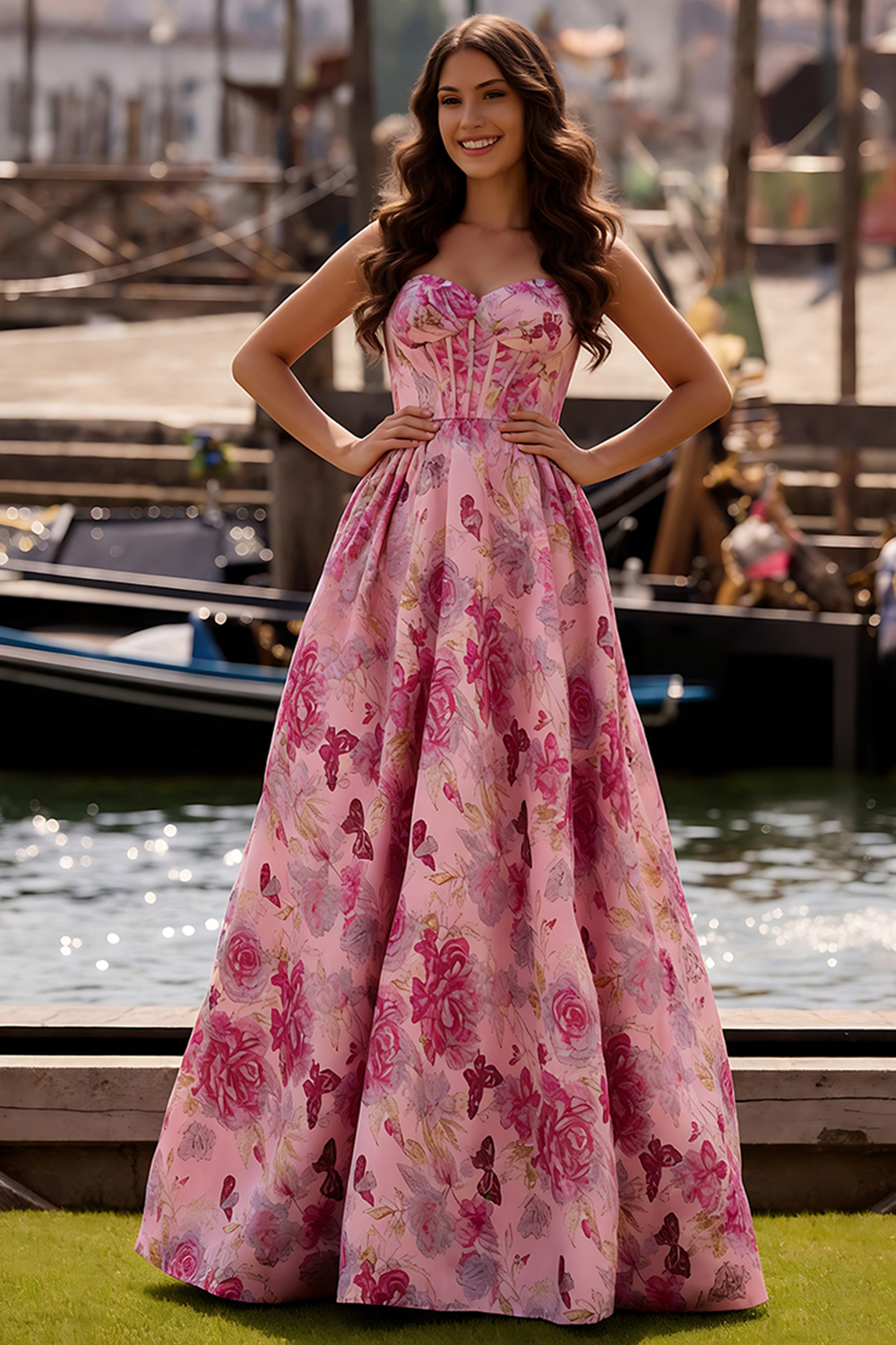 Floral Fuchsia Corset Sweetheart A Line Long Prom Dress