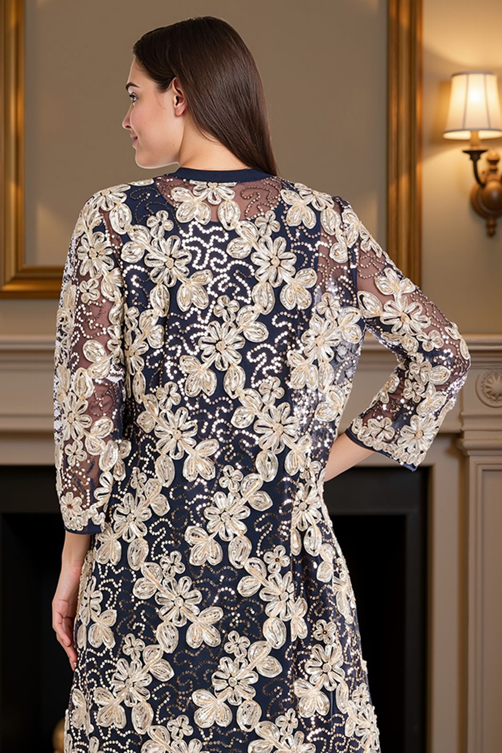 Sparkly Navy Lace 3 Piece Floral Mother of the Bride Pant Suits with Jacket