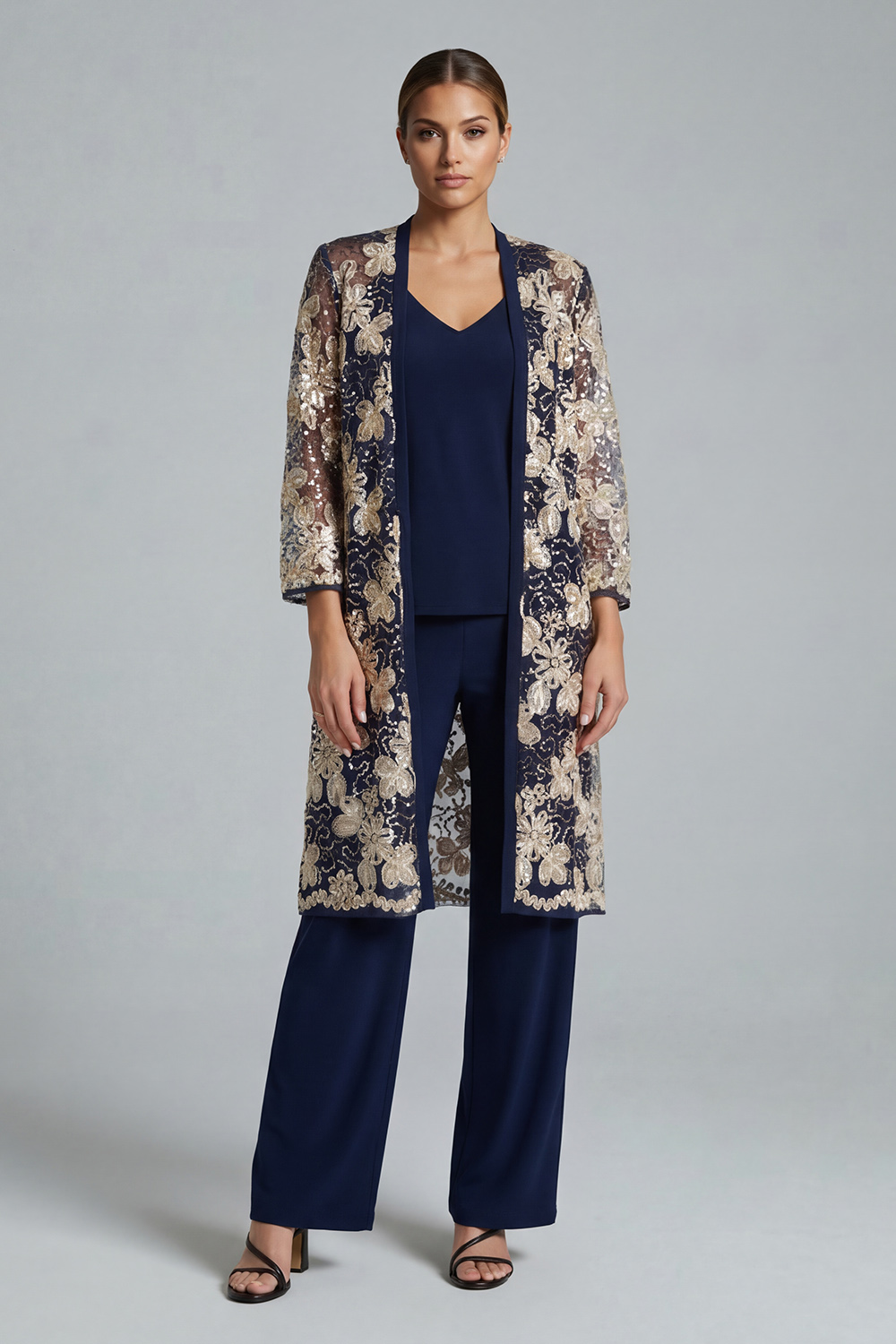 Sparkly Navy Lace 3 Piece Floral Mother of the Bride Pant Suits with Jacket