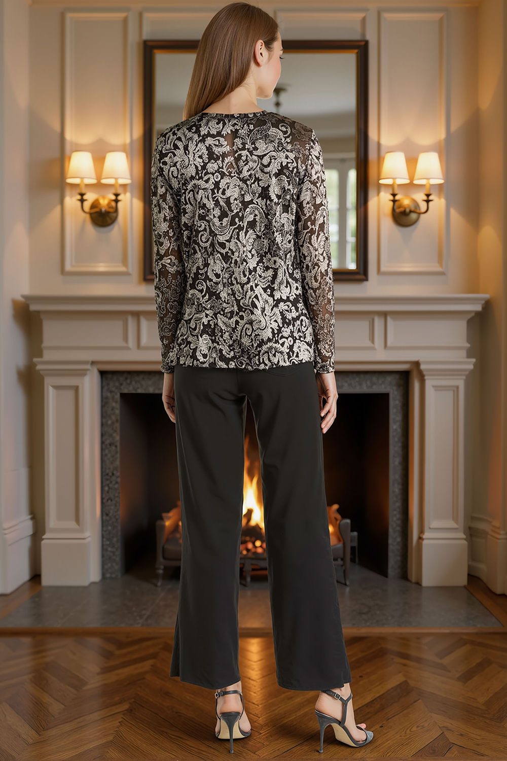 Jacquard Black Golden 3 Piece Mother of the Bride Pant Suits with Jacket