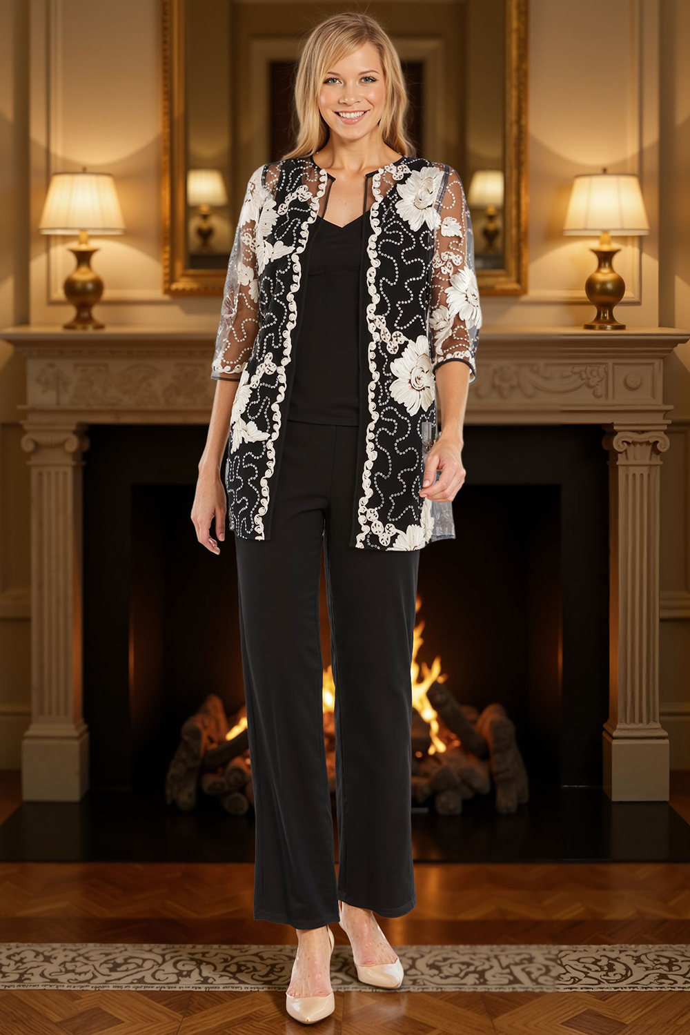 Sparkly Floral Lace Black 3 Piece Mother of the Bride Pant Suits with Jacket