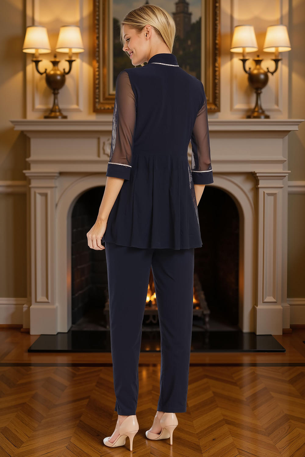 Ink Blue 3 Piece 3/4 Sleeves Mother of the Bride Pant Suits with Jacket