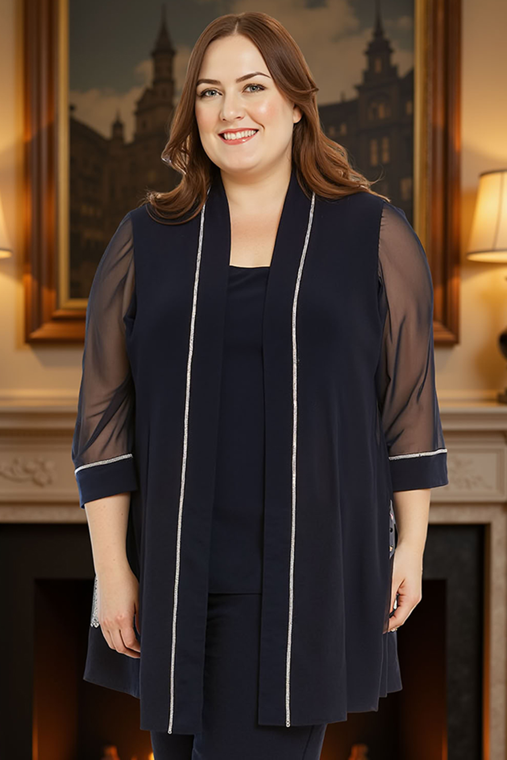 Ink Blue 3 Piece 3/4 Sleeves Mother of the Bride Pant Suits with Jacket