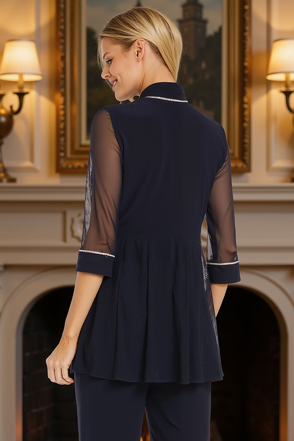 Ink Blue 3 Piece 3/4 Sleeves Mother of the Bride Pant Suits with Jacket