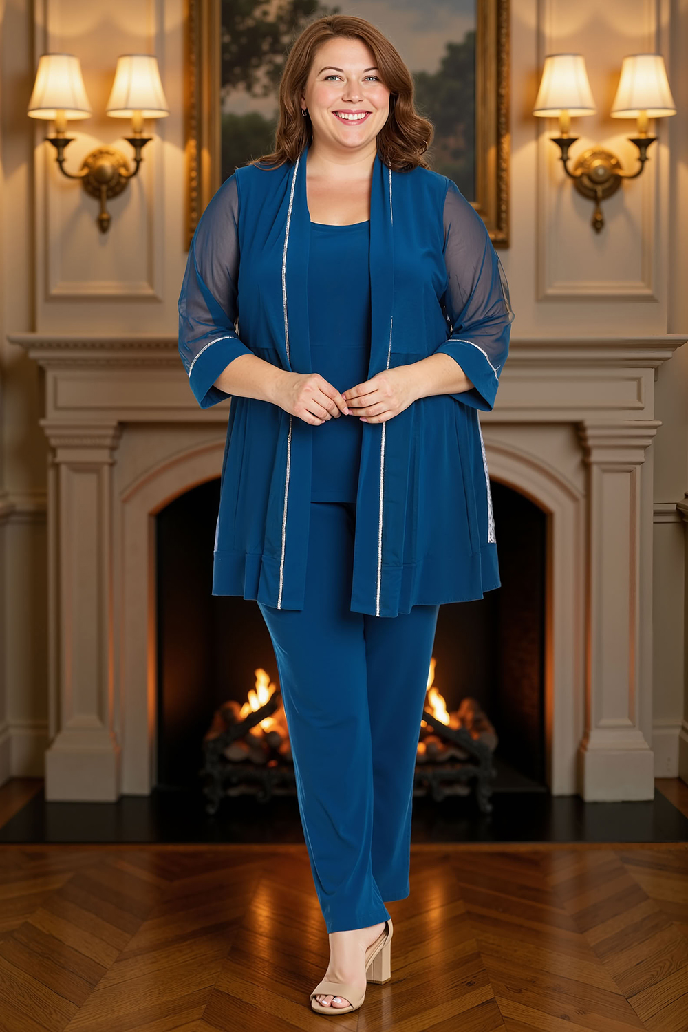 Ink Blue 3 Piece 3/4 Sleeves Mother of the Bride Pant Suits with Jacket