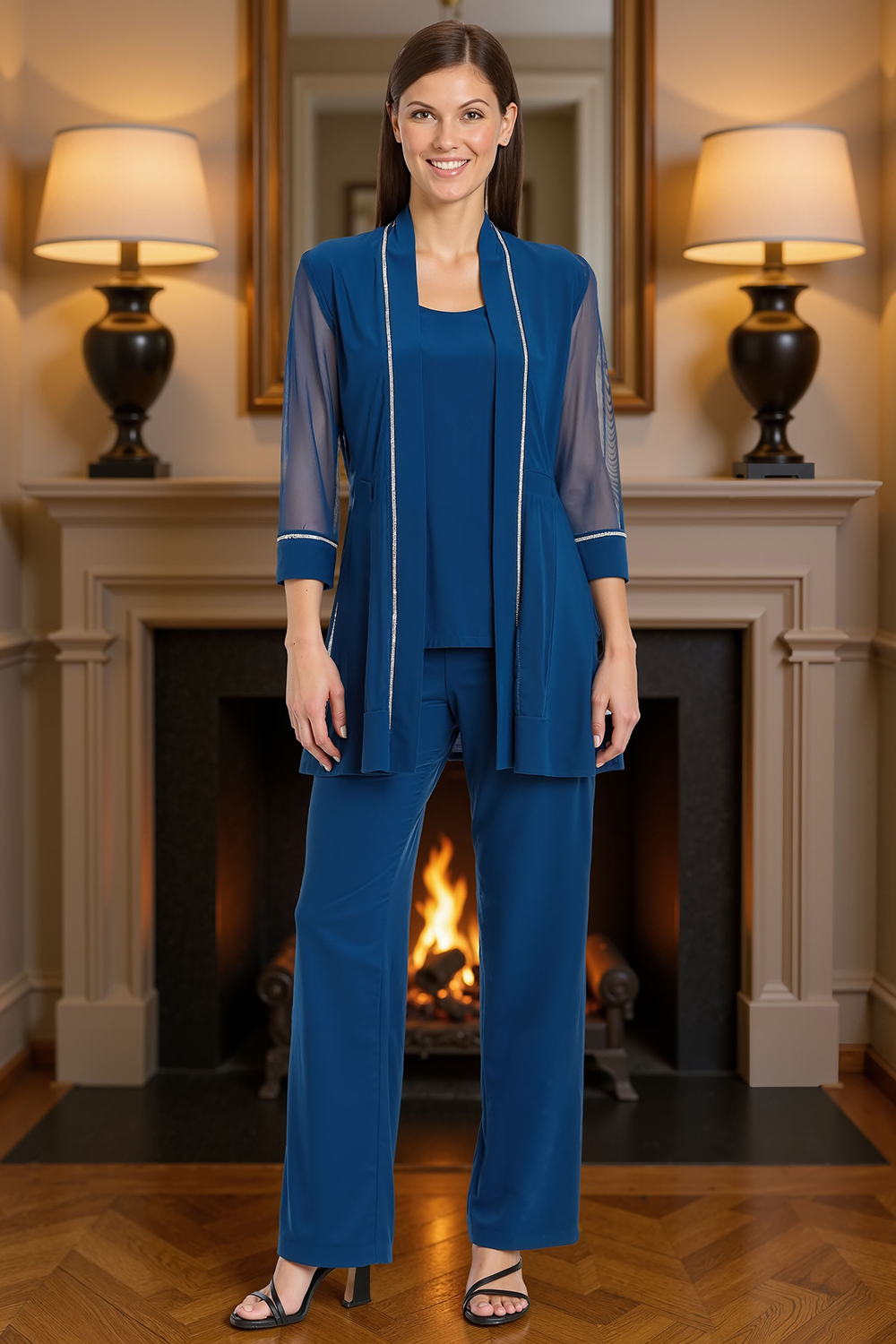 Ink Blue 3 Piece 3/4 Sleeves Mother of the Bride Pant Suits with Jacket