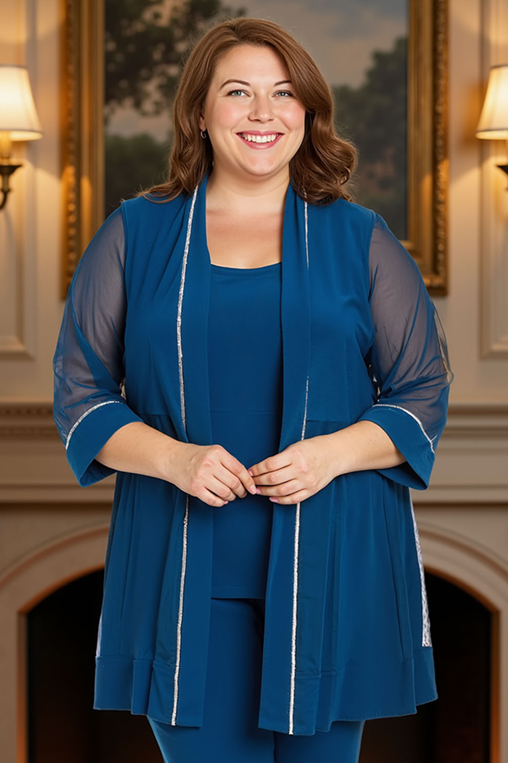 Ink Blue 3 Piece 3/4 Sleeves Mother of the Bride Pant Suits with Jacket