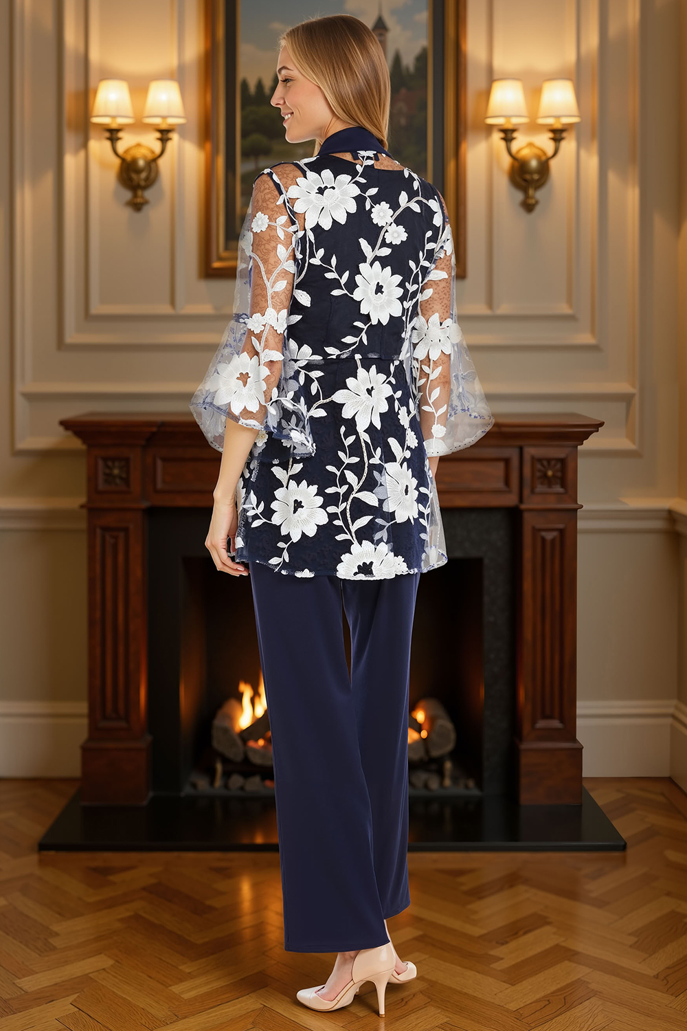 Navy Floral 3 Piece Scoop Neck Mother of the Bride Pant Suits with Jacket