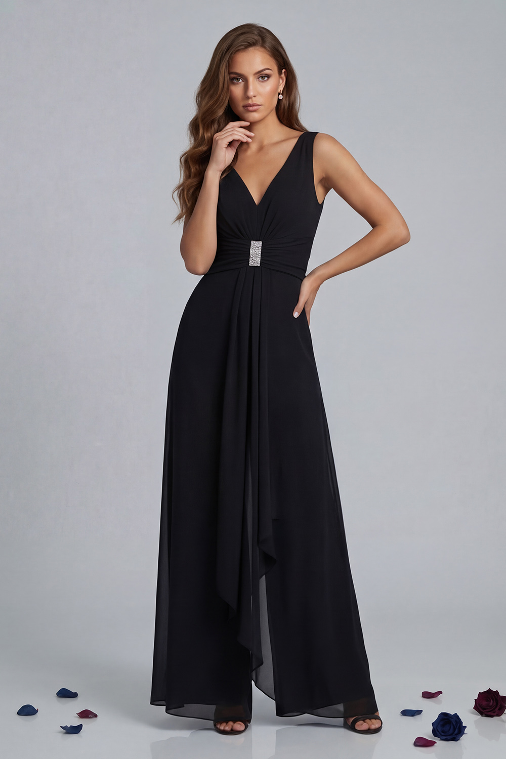 Sparkly V-Neck Black Chiffon Floor-Length Mother of the Bride Jumpsuits