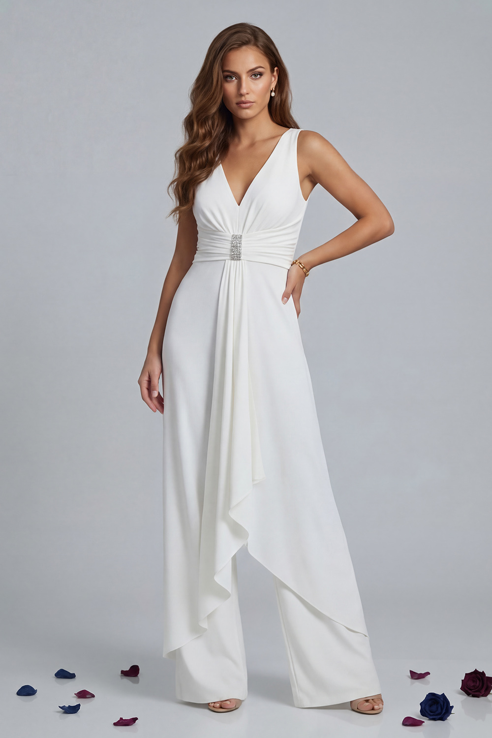 Sparkly V-Neck Black Chiffon Floor-Length Mother of the Bride Jumpsuits