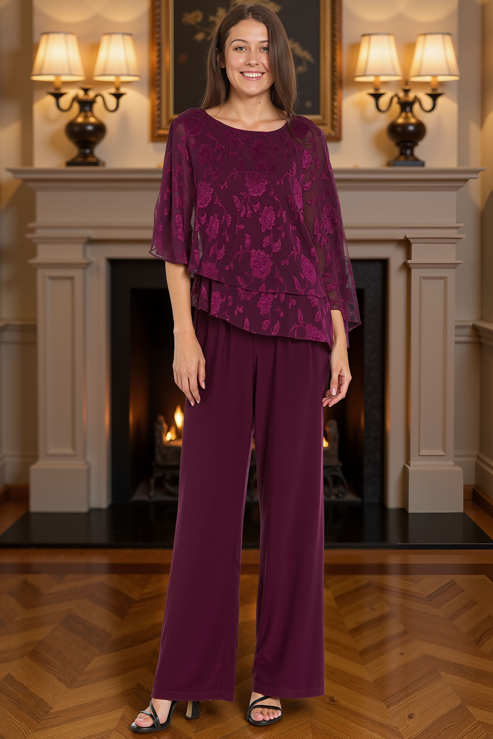 Lace Floral Grape Tiered 2 Piece Mother of the Bride Pant Suits