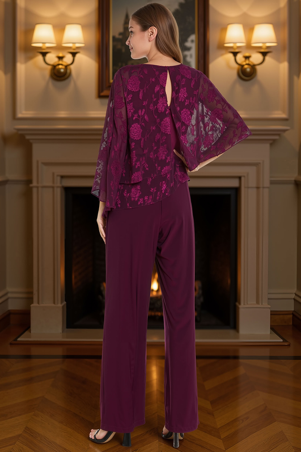 Lace Floral Grape Tiered 2 Piece Mother of the Bride Pant Suits
