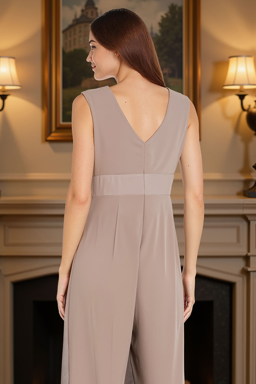 Sparkly V-Neck Apricot Chiffon Floor-Length Mother of the Bride Jumpsuits