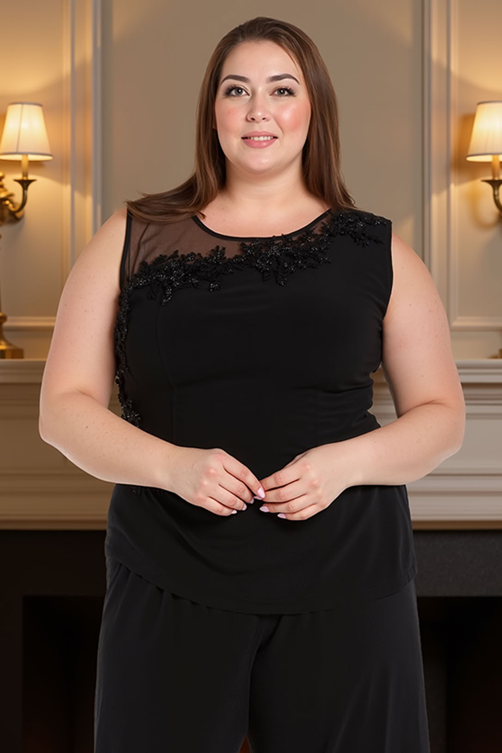 Black Boat Neck 2 Piece Mother of the Bride Pant Suits with Lace