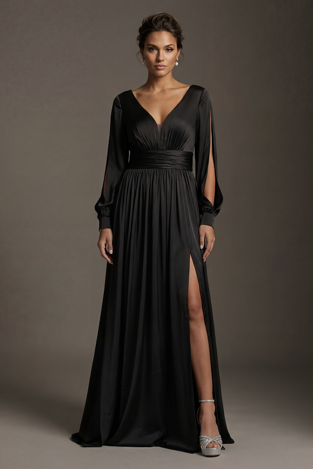 V-Neck Satin Black Floor-Length Mother of the Bride Dress with Slit