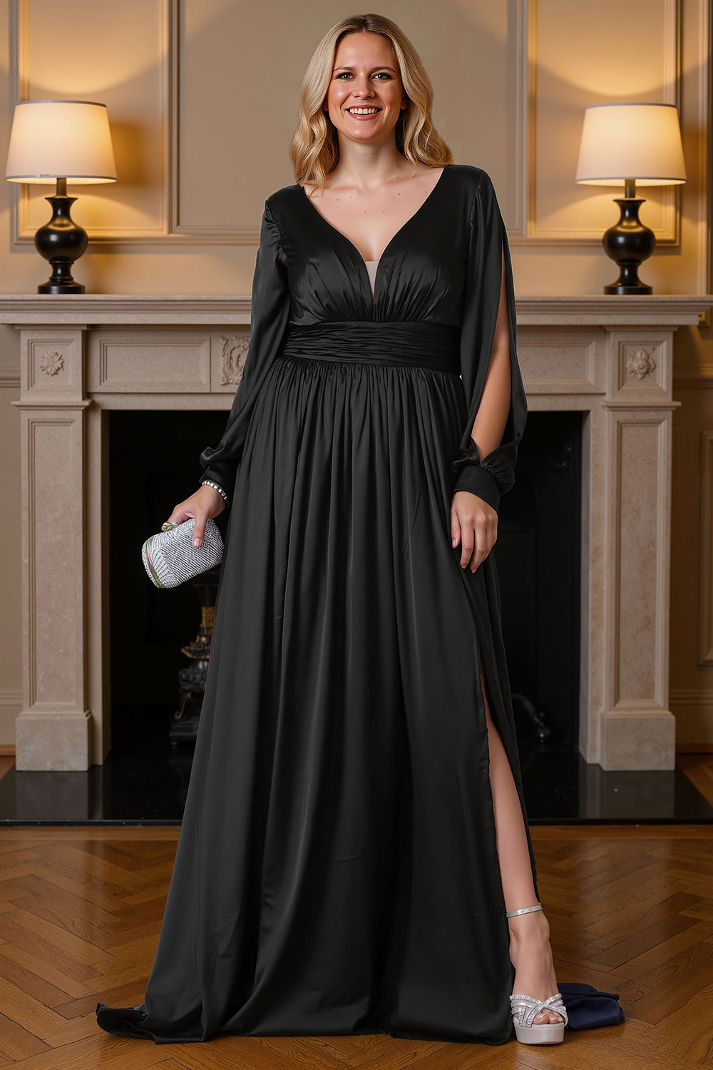V-Neck Satin Black Floor-Length Mother of the Bride Dress with Slit