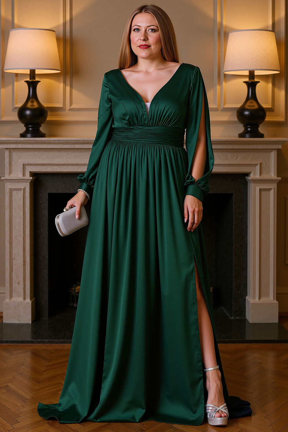 V-Neck Satin Black Floor-Length Mother of the Bride Dress with Slit