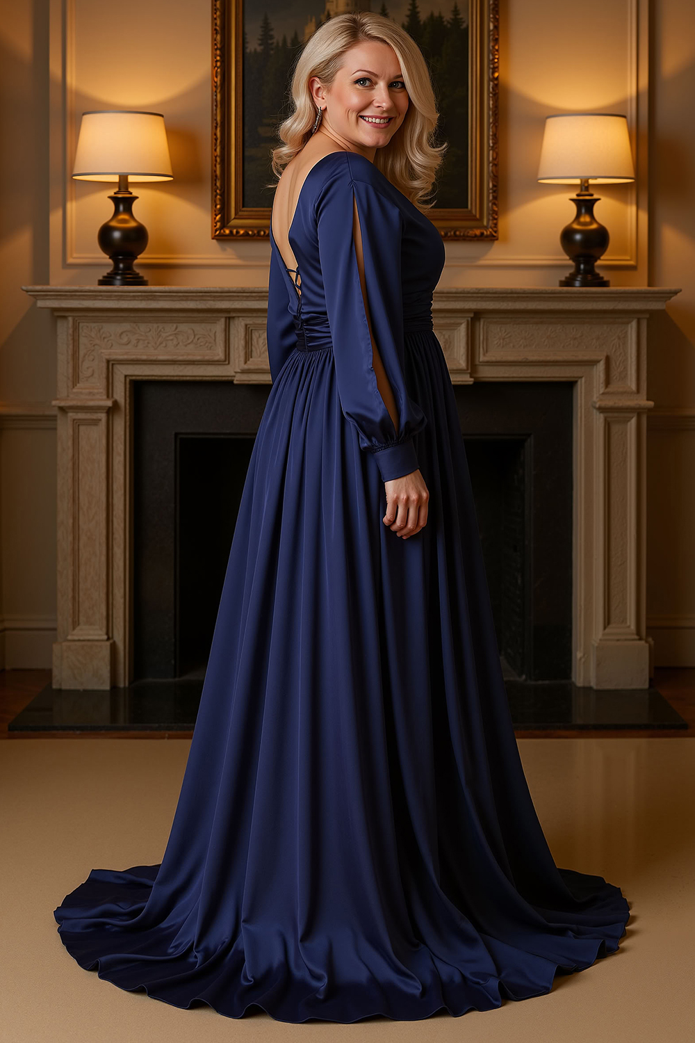 V-Neck Satin Black Floor-Length Mother of the Bride Dress with Slit