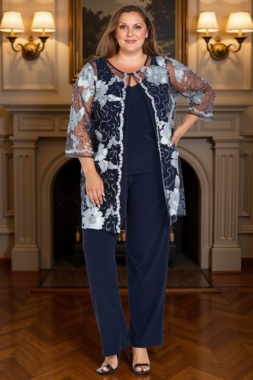 Sparkly Floral Navy Lace 3 Piece Mother of the Bride Pant Suits with Jacket
