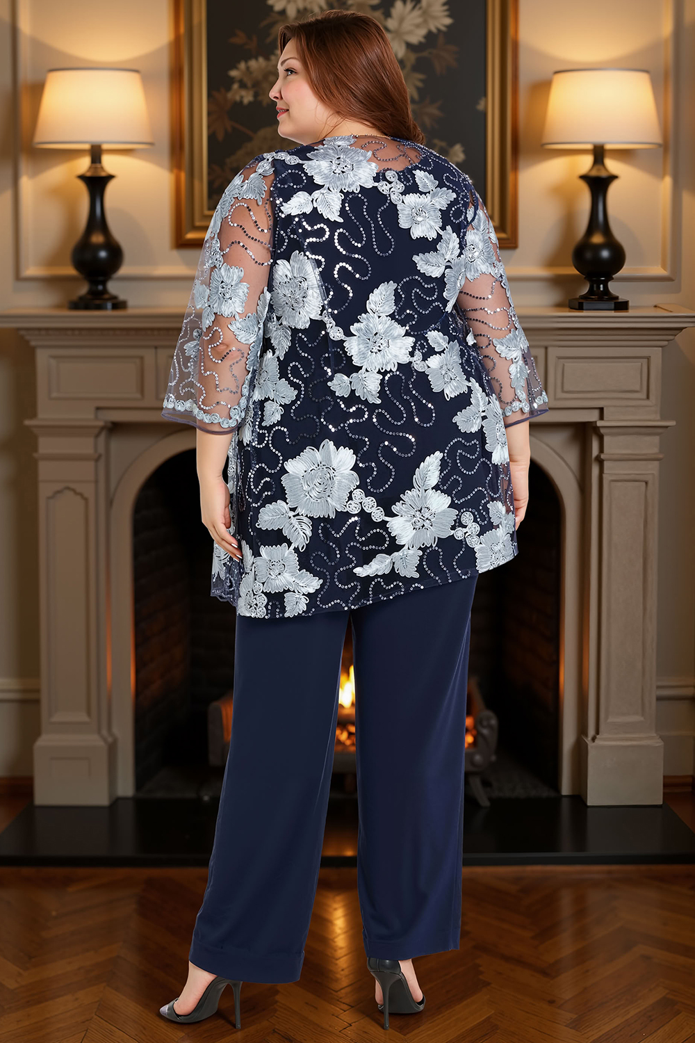 Sparkly Floral Navy Lace 3 Piece Mother of the Bride Pant Suits with Jacket