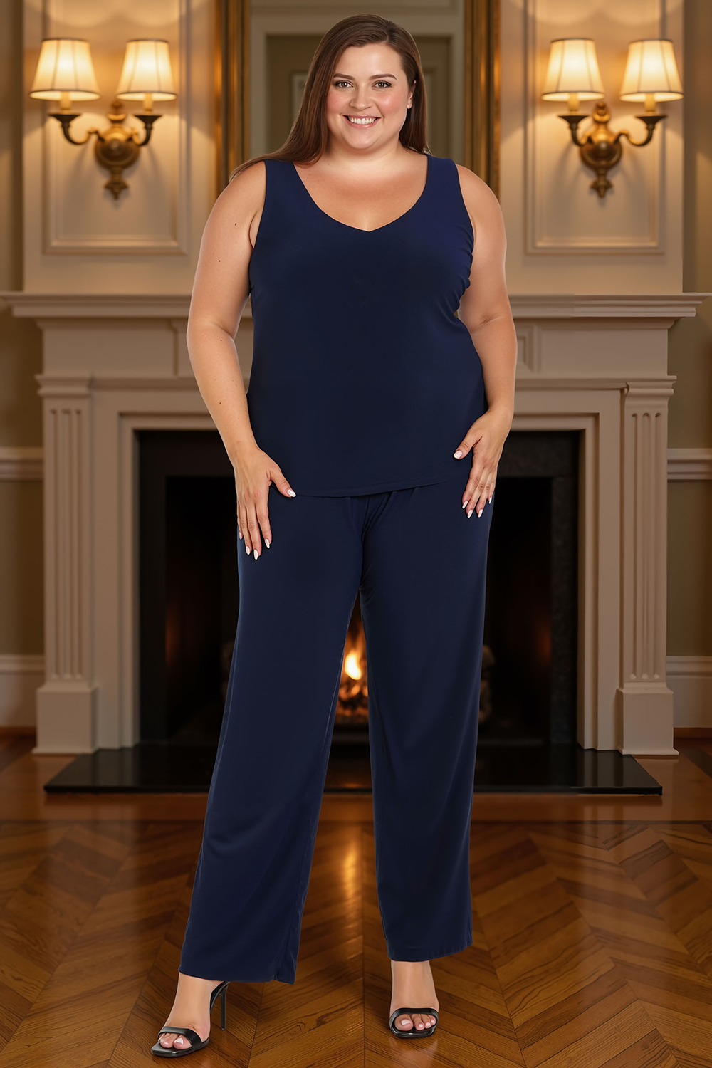 Sparkly Floral Navy Lace 3 Piece Mother of the Bride Pant Suits with Jacket