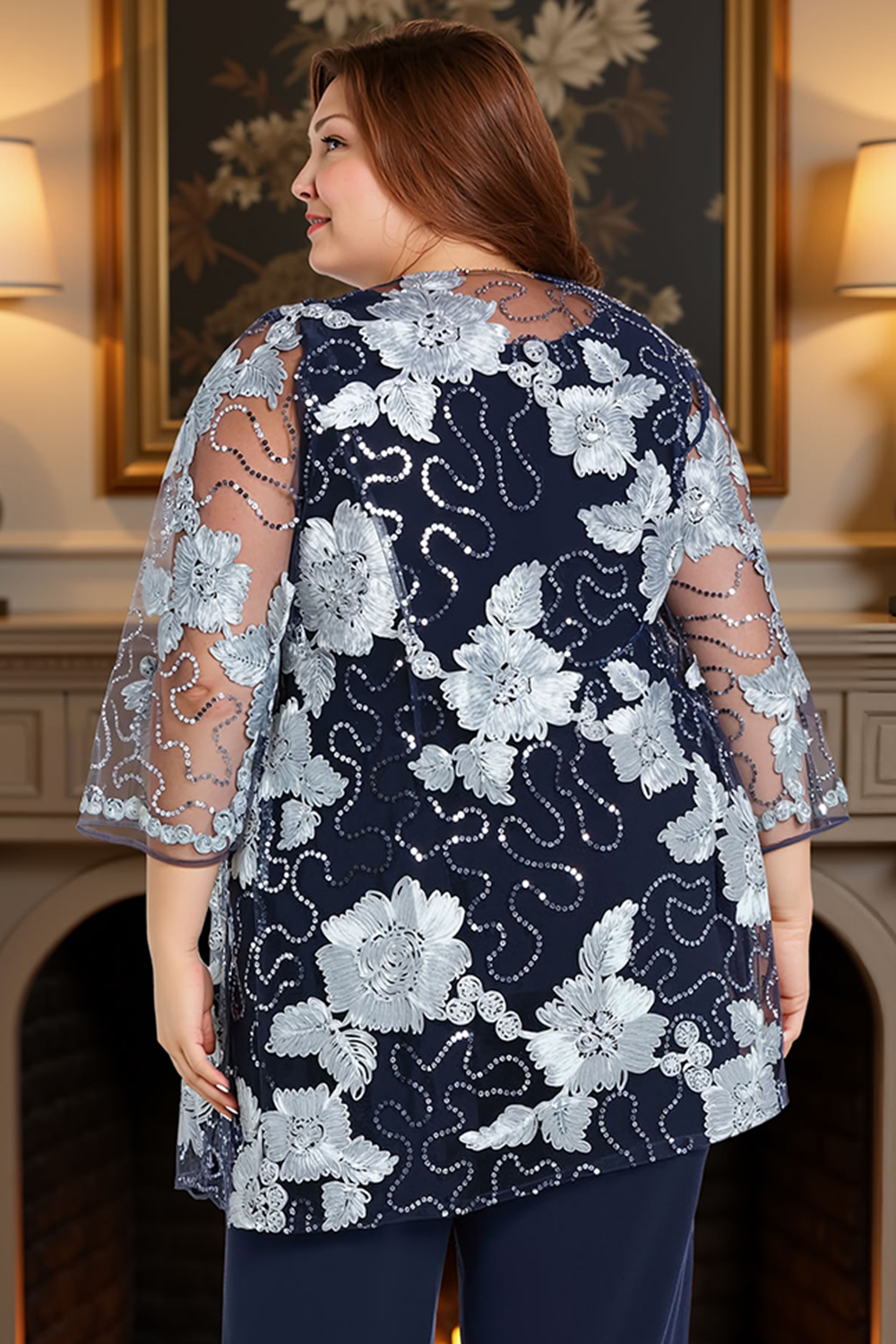 Sparkly Floral Navy Lace 3 Piece Mother of the Bride Pant Suits with Jacket