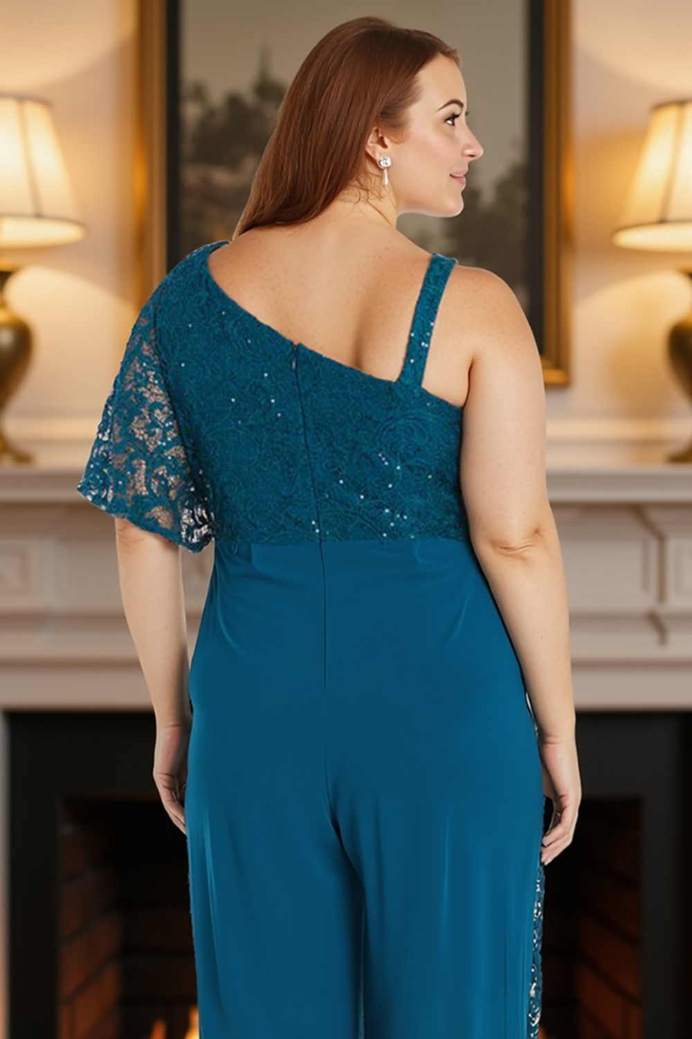 Sparkly Lace Ink Blue Chiffon Floor-Length Mother of the Bride Jumpsuits